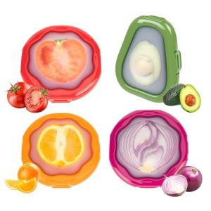TQRR Set of 4 Reusable Silicone Food Storage Containers for fridge - Fruit and Vegetable Storage, Avocado Saver, Ideal for Apple, Onion, Tomatoes, Lemons, Orange and Potatoes