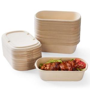 HorizonNest [100% Eco-Friendly] Disposable Food Containers with Lids – Sugarcane Pulp Take Out Boxes, Biodegradable, Compostable, Microwave Safe Lunch Containers – Pack of 50 (24 OZ)