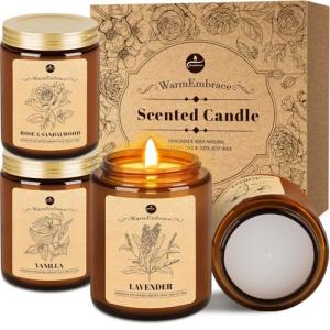 WarmEmbrace Lavender Candles, 4-Pack Scented Candle Set for Women, 7.6 oz Natural Organic Soy Wax in Glass Jar, 160 Hours Long-Lasting Burn, Perfect for Mother's Day, Birthday Gifting (4 Fragrance)