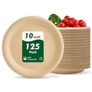 CELLURA 10 Inch 125 Count Compostable Disposable Paper Plates, Heavy-Duty Biodegradable Paper Plates, Sugarcane Fiber Round Unbleached Brown Plates, Party Dinner Plates, Eco-Friendly, Microwavable