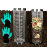 2 Pack Underground Worm Composting Bin with Gardening Gloves - Small Round Metal Stainless Steel Composter for Family Garden, Outdoor Compost Bins (2)