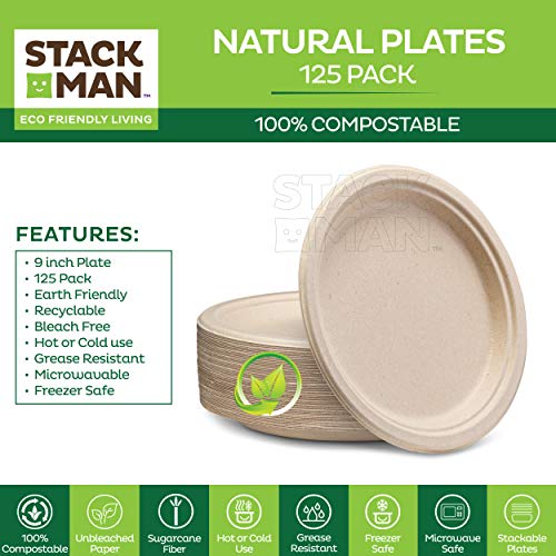 100% Compostable 9" Paper Plates - 125 Pack