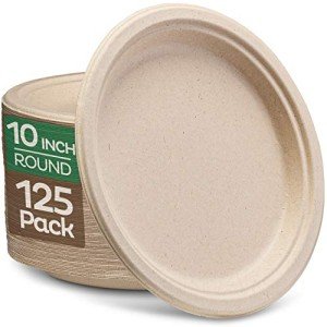 Compostable Heavy-Duty 10-Inch Paper Plates, 125-Pack