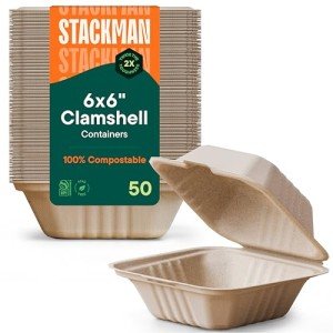 Compostable 6x6" Clamshell Takeout Containers - 50-Pack
