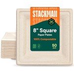 Compostable 8-Inch Square Paper Plates - 50-Pack