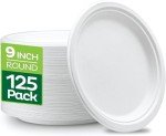 Compostable 9-Inch Heavy-Duty Sugarcane Plates - 125 Pack