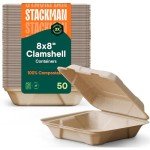 Compostable Clamshell Food Containers - 50-Pack