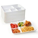 Compostable 5-Compartment Sugarcane Plates - 125 Pack