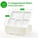 Compostable 5-Compartment Sugarcane Plates - 125 Pack