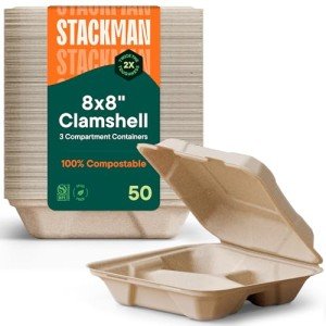 Compostable 8x8" Clamshell Food Containers - 50 Pack