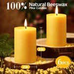 6 Pack 100% Pure Beeswax Dripless Pillar Candles