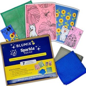 Blumix Ultimate Cleaning Kit, 7 Piece: Includes 2 Swedish Dishcloths, 2 Cellulose Sponges, 2 Glass Cleaning Microfiber Cloths, 1 Scrubbing Cloth; Eco & Travel Friendly, Cute & Strong Cleaning