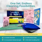 Blumix Ultimate Cleaning Kit, 7 Piece: Includes 2 Swedish Dishcloths, 2 Cellulose Sponges, 2 Glass Cleaning Microfiber Cloths, 1 Scrubbing Cloth; Eco & Travel Friendly, Cute & Strong Cleaning
