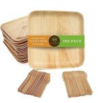 ECONLY party pack of 150 | Eco-friendly Palm Leaf Plates with Cutlery | 50 Disposable 8" Square, 50 Wood Forks, 50 Knives Heavy Duty Biodegradable Utensils