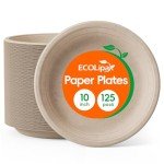 ECOLipak 125 Pack Paper Plates 10 inch 100% Compostable Plates Heavy-Duty Dinner Plates Disposable Bagasse Deep Dish Natural Biodegradable Eco-Friendly Sugarcane Plates(Brown)
