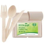 ECOLipak 300 Count Disposable Wooden Cutlery Set, 100 Knives, Forks and Spoons each, Splinter-Free Compostable Wooden Disposable Utensils for Party, Camping, Traveling, Family Dinners