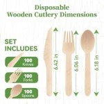 ECOLipak 300 Count Disposable Wooden Cutlery Set, 100 Knives, Forks and Spoons each, Splinter-Free Compostable Wooden Disposable Utensils for Party, Camping, Traveling, Family Dinners