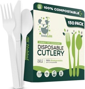 100% Compostable cutlery knives forks spoons 150 Large Disposable Biodegradable Compostable Utensils Durable HeavyDuty Silverware heat resistant alternative to plastic with convenient tray 150pc 7inch
