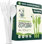 100% Compostable cutlery knives forks spoons 150 Large Disposable Biodegradable Compostable Utensils Durable HeavyDuty Silverware heat resistant alternative to plastic with convenient tray 150pc 7inch