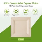 ECOLipak 125 Pack Compostable Square Plates, 6 inch Disposable Paper Plates, Eco-friendly Heavy Duty Biodegradable Sugarcane Plates