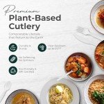 100% Compostable cutlery knives forks spoons 150 Large Disposable Biodegradable Compostable Utensils Durable HeavyDuty Silverware heat resistant alternative to plastic with convenient tray 150pc 7inch