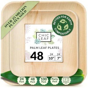 Chic Leaf Compostable & Biodegradable Palm Leaf Disposable Bamboo Plates - Disposable Party Plates for Appetizers - Party Supplies (10 & 7 Inch Square)