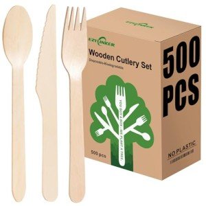 500 Pieces Disposable Cutlery, Wooden Utensils Set [200 Spoons, 200 Forks, 100 Knives] - Disposable Wooden Cutlery, Eco-Friendly Forks and Spoons, Compostable Cutlery Set Party Utensils