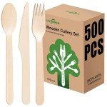 500 Pieces Disposable Cutlery, Wooden Utensils Set [200 Spoons, 200 Forks, 100 Knives] - Disposable Wooden Cutlery, Eco-Friendly Forks and Spoons, Compostable Cutlery Set Party Utensils