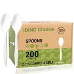 IDING Choice 100% Compostable 200 Count No Plastic Spoons, Plastic Utensils, The Heavyweight Heavy Duty Flatware is Eco-Friendly Products for Lounge Party Wedding Office BBQ Picnic Camping.