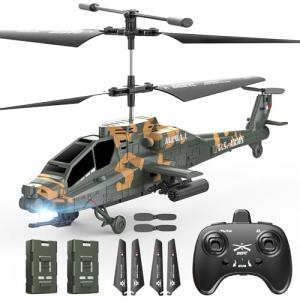 DEERC RC Helicopter for Adults, Apache Remote Control Helicopter for Kids 8-12, Toy Helicopters RC with LED Lights, 2 Batteries, Altitude Hold, 2.4GHz Military Style for Indoor, Ideal for Birthday