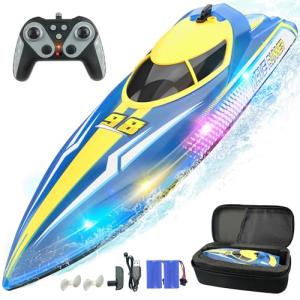 BEZGAR Remote Control Boat for Kids - 2.4GHz Fast RC Boat with LED Lights & Portable Suitcase for Pools, Lakes & Salt Water, Summer Water Toys Gifts for Boys & Girls Age 6 7 8-12 Years Old