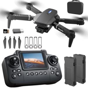 elecci E88 Drone with Screen Controller with SD card, Foldable Mini Drone for Beginners, 2 Batteries, 360° Flips Waypoint Fly, Active Obstacle Avoidance, One Key Take Off/Landing. (2 batteries - Black)
