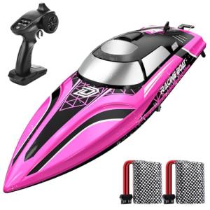 DEERC Fast RC Boat with LED Light, 30+ Mins, 20+ MPH, Self Righting Remote Control Boat for Pools & Lakes, 2.4GHz Racing Speed Boats, Water Summer Toy Gift for Kids, Boys & Girls (Pink)