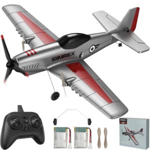 SIMREX RC Plane for Kids - 2.4GHz 3-Channel Remote Control Airplane Toy with 6-Axis Gyro, 2 Speeds, 2 Batteries, P51 RC Airplane, Foam Glider - Gift for Boys & Girls