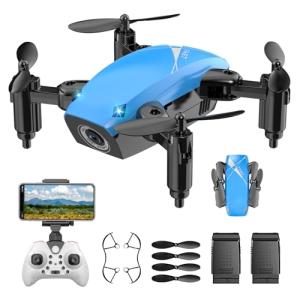 Drones for Kids with Camera, Mini RC Quadcopter Toy with Foldable Wings, Voice & Gesture Control, Altitude Hold, Full Propeller Guard, 2 Batteries, Birthday Gifts for Boys and Girls Ages 8-14 (Blue)