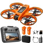RC Drone With Screen On Controller (4.92in), UHD Dual Camera, Brushless Motor, Optical Flow Hovering, 360° Propeller Guard, 6-Axis Gyro, Headless Mode, One-Key Takeoff/Landing, 3-Speed Adjustable, 50X Zoom, Gesture Control, Trajectory Flight, Night LED, 2Batteries, 8GB Card, Beginner-Friendly FPV Remote Control Plane Copter Quadcopter (Orange)