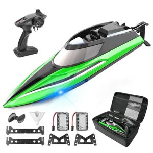 BEZGAR RC Boat, 14 inch Remote Control Boat - Self-righting, 40 Min Dual-Battery, 32 KPH Fast RC Boats for Kids & Adults with LED Lights for Pool, Lake, Ocean, Waterproof & Suitcase - Green