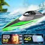 BEZGAR RC Boat, 14 inch Remote Control Boat - Self-righting, 40 Min Dual-Battery, 32 KPH Fast RC Boats for Kids & Adults with LED Lights for Pool, Lake, Ocean, Waterproof & Suitcase - Green