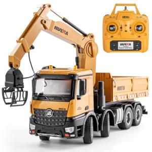 YAZHIYI 26CH Remote Control Dump Truck, 4 in 1 RC Dump Truck Wood Grabber Toy, Heavy Duty Construction Toys Vehicle, Birthday Gifts Ideas for Kids Adults, 1/14 Scale Trucks