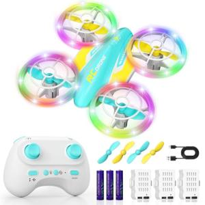 FUNPX LED RC Drone for Kids 6+, Christmas Birthday Gift for Boys & Girls with Remote Batteries, 360° Flips, 3 Speed Modes, 45 Min Flight Indoor and Outdoor Flying Toy - Blue Yellow