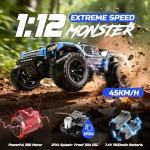 DEERC 9006E 1:12 RC Cars for Adults Boys, 45KM/H Off-Road Short Course Truck, 4WD All Terrain Remote Control Monster Truck, 2.4GHz Waterproof Car with 2 Rechargeable Batteries, Spare Tire, LED Lights