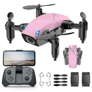 Drones for Kids with Camera, Mini RC Quadcopter Toy with Foldable Wings, Voice & Gesture Control, Altitude Hold, Full Propeller Guard, 2 Batteries, Birthday Gifts for Boys and Girls Ages 8-14 (Pink)