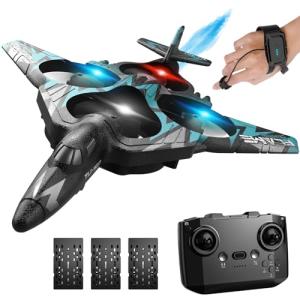 Remote Control Drone for Kids, Gesture RC Stealth Raptor Airplane, Quadcopter Fighter Jet with Light/Spray/360° Flip, Beginner Big RC Plane Toy for Boys Christmas Gifts (3 Batteries/984ft)