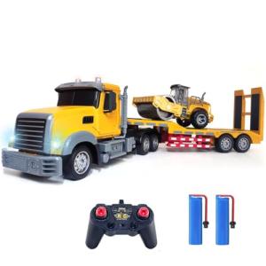 Remote Control Semi Truck Toy For Kids - 1:24 RC Semi-trailer Engineering Tractor With Sound And Lights, Trailer Truck Toy With Inertia Roller, Construction Vehicles For Boys & Girls 3-8 Years Old