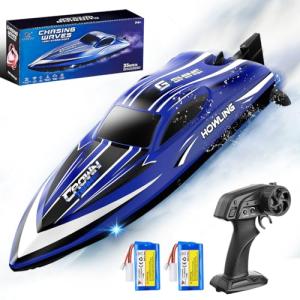 Remote Control Boat for Kids & Adults,35KM/H High Speed Waterproof RC Boat with 2.4GHz Remote,LED Lights,Automatic flip,Water cooling,Low Battery &Out-of-Range Alarm,2 Batteries for Pool & Lake Racing
