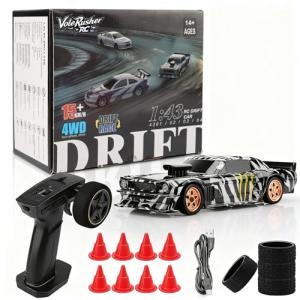 VoleRusher RC [4WD Edition 1/43 Scale Mini RC Drift Car, Toys for Age 8-14 Old Birthday Gifts, High Speed Racing Micro Small with Full Proportional RTR 2.4GHz Remote 2 Tire Sets 8 Cones - Camouflage
