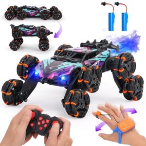 HuiJuKeJi 8WD RC Stunt Car with Gesture Sensing & Spray, 2.4GHz Hand-Controlled Remote Control Car Toy with Light/Music, Auto-Demo Mode Vehicle for Kids Ages 6-14, Birthday