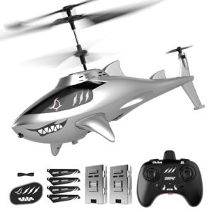 DEERC RC Helicopter for Kids, Remote Control Helicopter, Unique Design Shark Toy Helicopter with 26 Mins Flight (2 Batteries), LED Lights, Altitude Hold, Birthday Idea for Boys 8-12