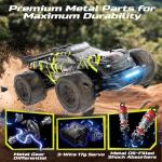 DEERC 1:14 Brushless RC Car for Adults, 43MPH 4WD Off-Road RC Truck with 7-Color LED Lights, Metal Oil Shocks, 2×7.4V High-Capacity Batteries, All-Metal Drivetrain, 3 Light Modes, 3S LiPo Compatible