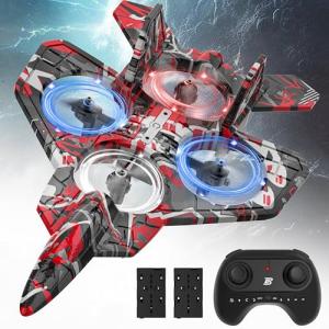 BEZGAR RC Plane, Foam Remote Control Airplane, Drone for Kids, RC Aircraft for Boys and Girls, Fighter Jet Helicopter with LED Lights, Altitude Hold, 360° Flip Stunt Rotation, Toy Airplane Red